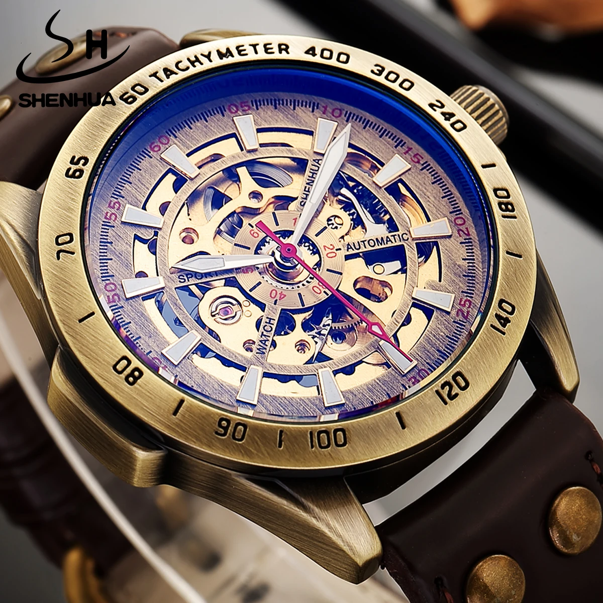 SHENHUA Top Brand Vintage Steampunk Strip Nail Dial Designer Brown Bronze Buckle Automatic Dive Hollow Mechanical Men Watches
SHENHUA Top Brand Vintage Steampunk Strip Nail Dial Designer Brown Bronze Buckle Automatic Dive Hollow Mechanical Men Watches