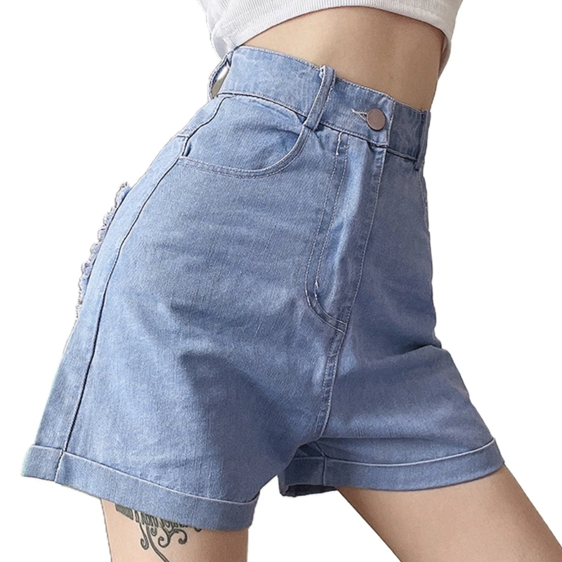 

Women High Waist Denim Shorts Harajuku Frill Heart Patch Wide Leg Jeans Trousers