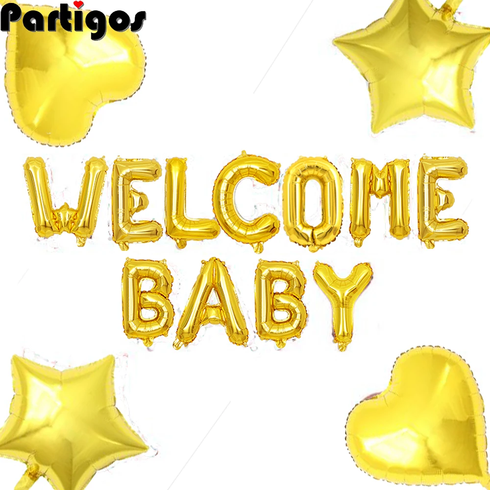 

1set 16inch Welcome Baby Letter Balloons Banner Bunting With 18inch Star Heart Balloons Baby Shower Birthday Party Decorations