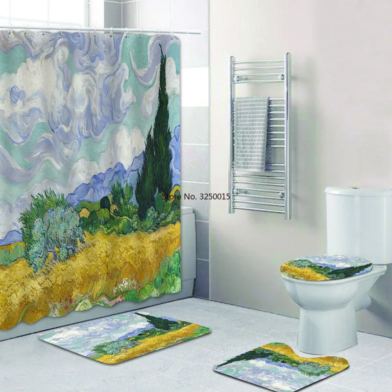 

Home Decor Decorative Van Gogh Wheat Fields Shower Curtain and Bath Rug Set Van Gogh Bath Curtain for Bathroom Bath Mat Carpet