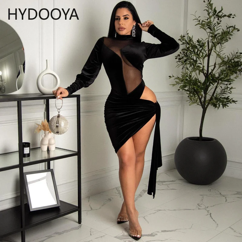 Sexy Mesh See Through Velvet Patchwork Dress Women Turtleneck Long Sleeve Bodycon Party Dresses Elegant Side Split Ribbon Robe
Sexy Mesh See Through Velvet Patchwork Dress Women Turtleneck Long Sleeve Bodycon Party Dresses Elegant Side Split Ribbon Robe