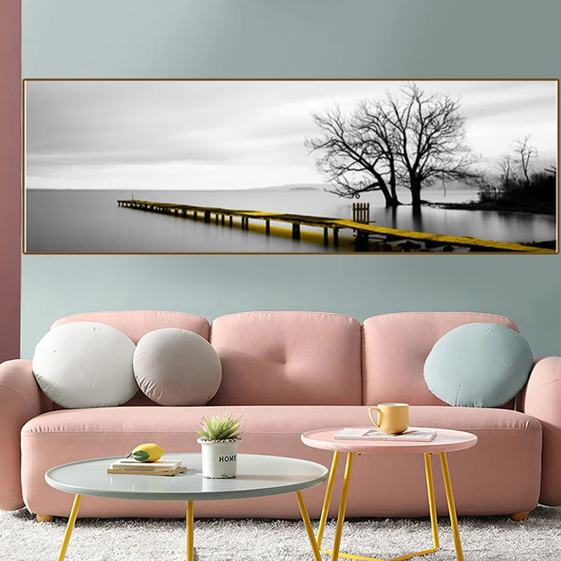 

Landscape Calm Lake Surface Yellow Long Bridge Scene Canvas Paintings Posters and Prints Wall Art Pictures for Living Room