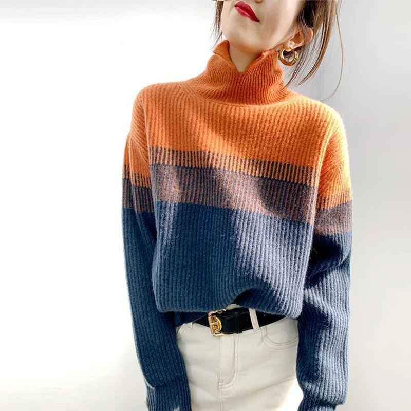 Sueters De Mujer 2021 New Rainbow Stripe Temperament Half High Neck Knitted Sweater Women Pullover Versatile Loose Top
Sueters De Mujer 2021 New Rainbow Stripe Temperament Half High Neck Knitted Sweater Women Pullover Versatile Loose Top