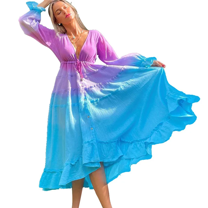 2021 New Fashion Gradient Dress Women V-neck Long Sleeves Dresses High Waist Boho Dress for Women Ruffles Elegant Vestidos
2021 New Fashion Gradient Dress Women V-neck Long Sleeves Dresses High Waist Boho Dress for Women Ruffles Elegant Vestidos