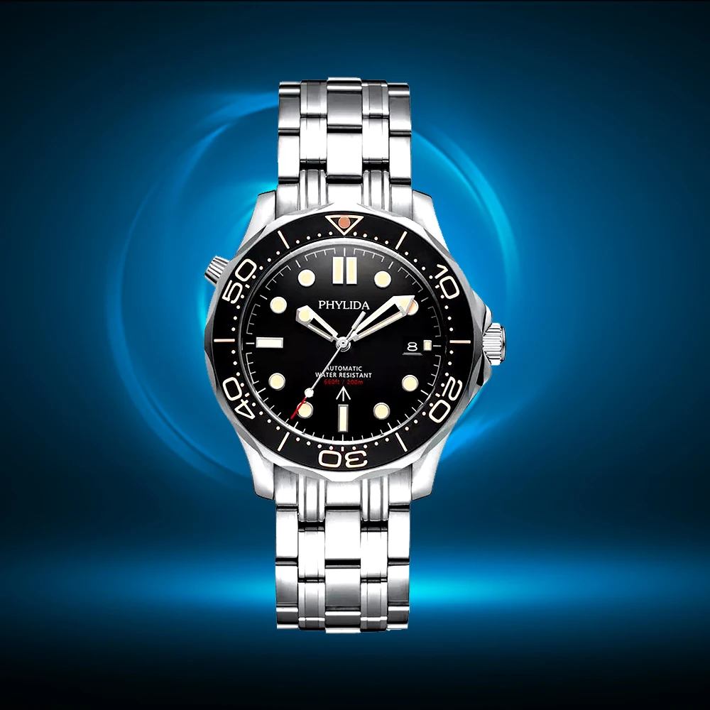 PHYLIDA 20bar Black Dial Sapphire Solid Crystal, Automatic Smartwatch Men's Sports Style Diving Watch Waterproof Miyota pt5000
PHYLIDA 20bar Black Dial Sapphire Solid Crystal, Automatic Smartwatch Men's Sports Style Diving Watch Waterproof Miyota pt5000