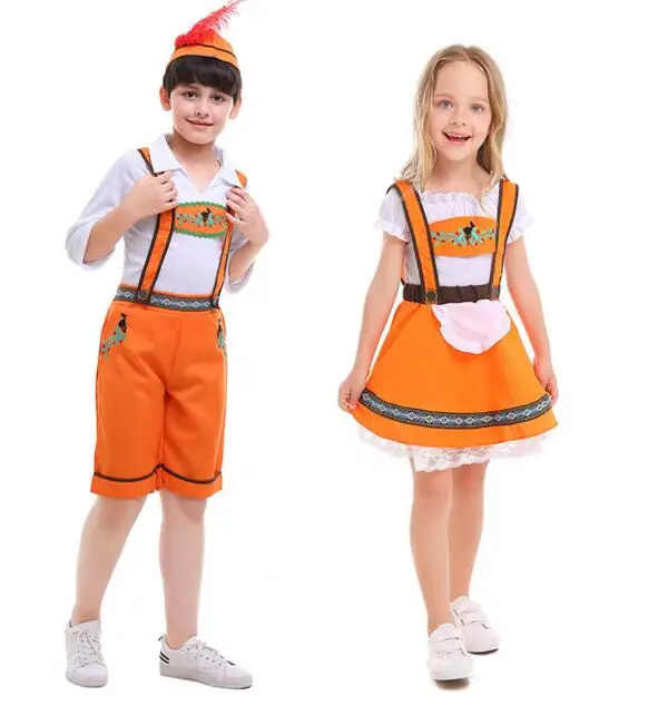 

Children Boy Girls Orange Lederhosen Oktoberfest Costume German Bavarian Fantasia Party Uniform Kid Beer Waiter Maid Costumes