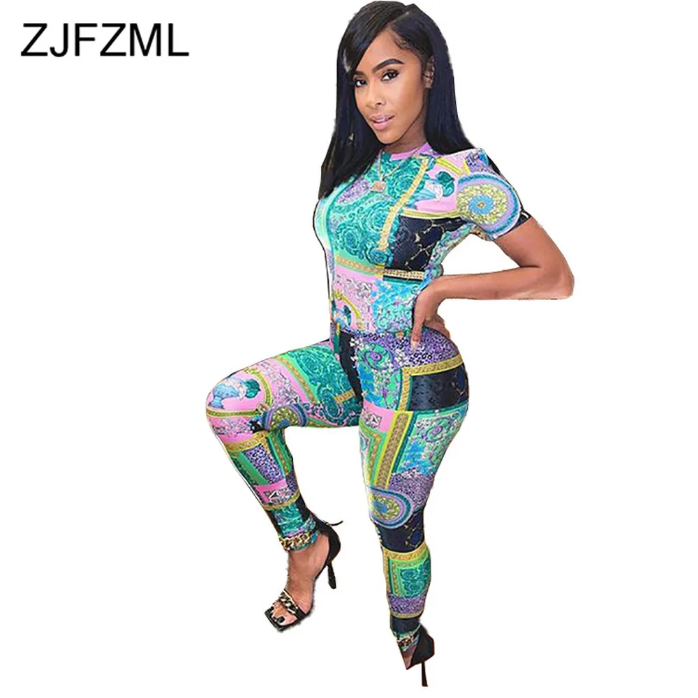 

Paisley Bandanna Printed Fitness Matching 2 Piece Sets O Neck Short Sleeve Bandage Crop Top + Pencil Legging Plus Size Tracksuit