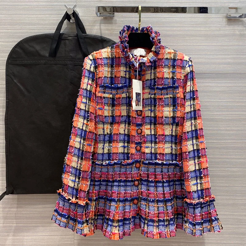 European and American women's clothing 2020 summer new style Long - sleeved standneck with rainbow plaid Fashionable tweed coat
European and American women's clothing 2020 summer new style Long - sleeved standneck with rainbow plaid Fashionable tweed coat