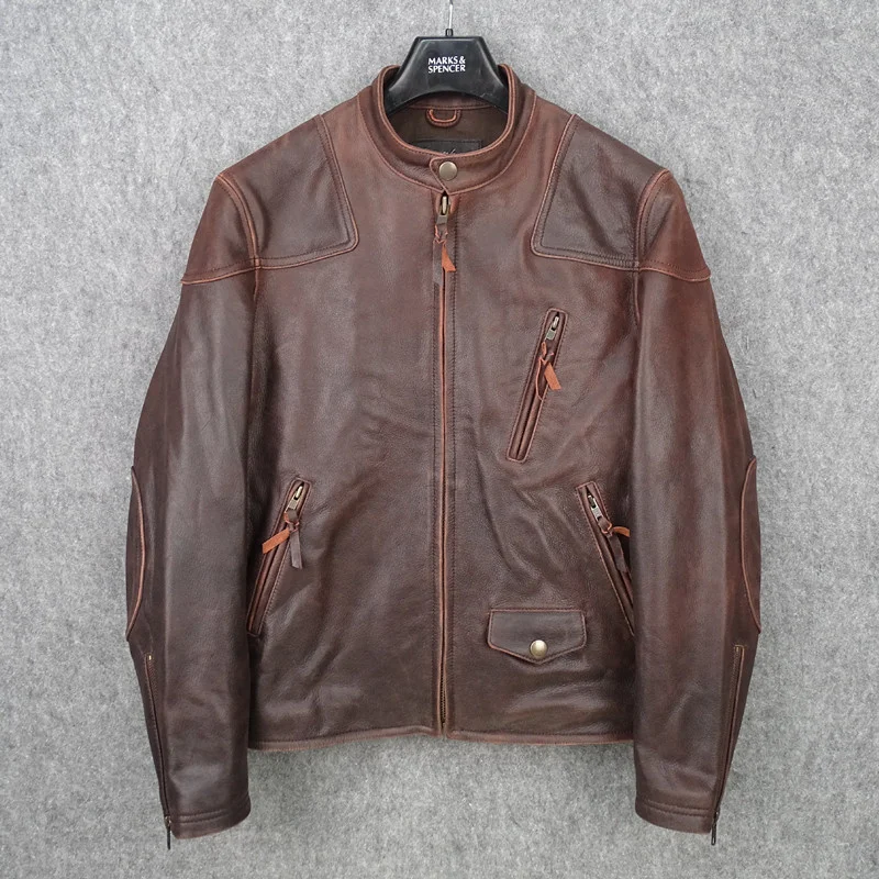 

Мужская кожаная куртка, коричневая мотоциклетная приталенная куртка из натуральной воловьей кожи в стиле ретро, модель 5XL на весну, 2021