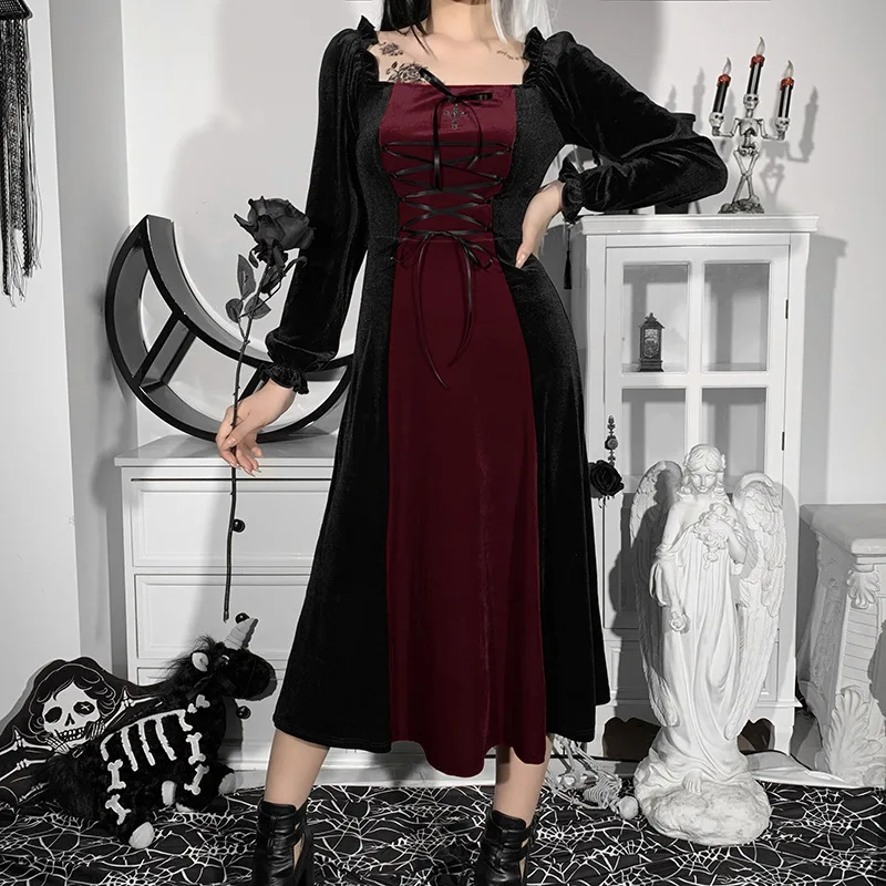 2021 Vintage Dark Gothic Style Lace-Up Contrast Color Square Collar Long Sleeve Long Dress Female Bf Retro Dresses Autumn Winter
2021 Vintage Dark Gothic Style Lace-Up Contrast Color Square Collar Long Sleeve Long Dress Female Bf Retro Dresses Autumn Winter