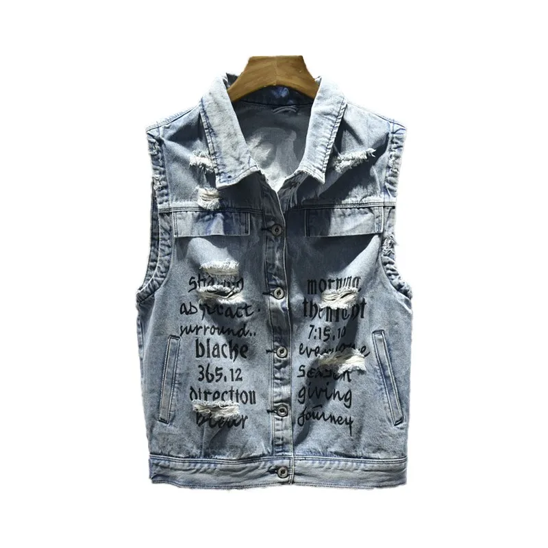 Fashion Summer Single Breasted Mens Sleeveless Denim Waistcoats Personality Letter Printed Hole Ripped Casual Vests Plus Size
Fashion Summer Single Breasted Mens Sleeveless Denim Waistcoats Personality Letter Printed Hole Ripped Casual Vests Plus Size