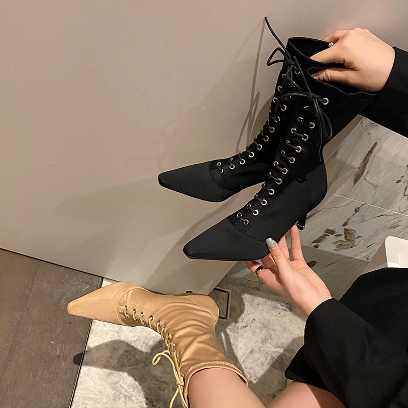 Women Sock Boots Thin High Heels Stretch Booties Cross Tied Lace Up Ankle Booties Beige Black Party Autumn Pumps 2021 New Shoes
Women Sock Boots Thin High Heels Stretch Booties Cross Tied Lace Up Ankle Booties Beige Black Party Autumn Pumps 2021 New Shoes