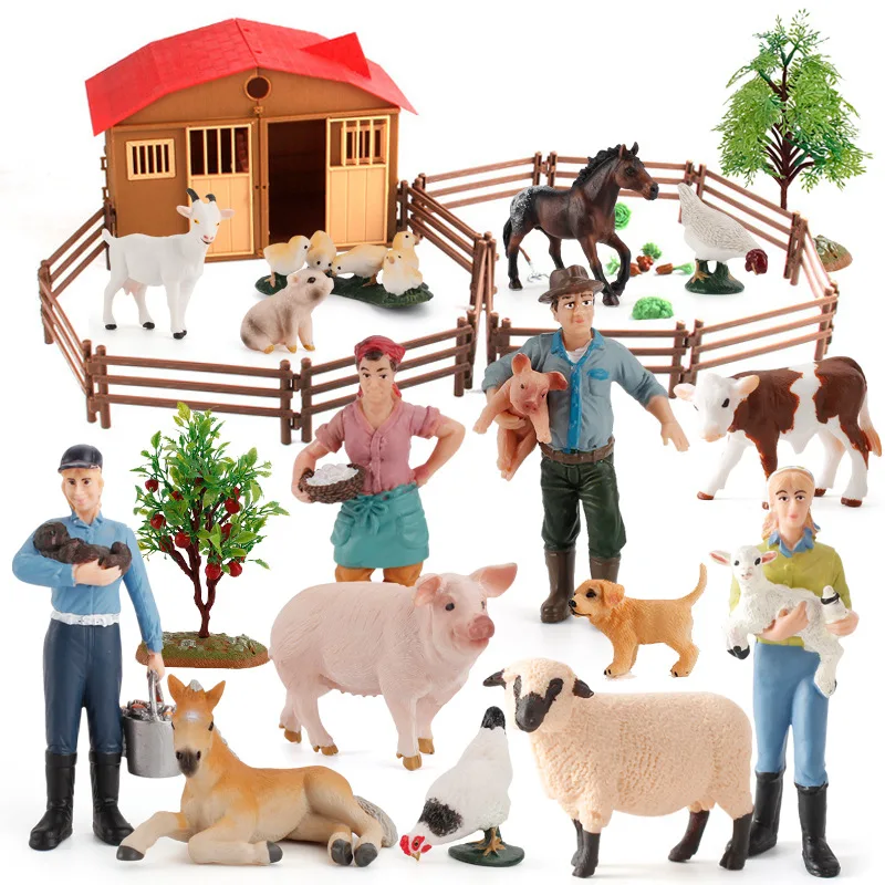 

Farm House Model Action Figures Farmer Cow Hen Pig Animals Set Figurine Miniature PVC Cute Educational Kids Toys Boys Model Gift