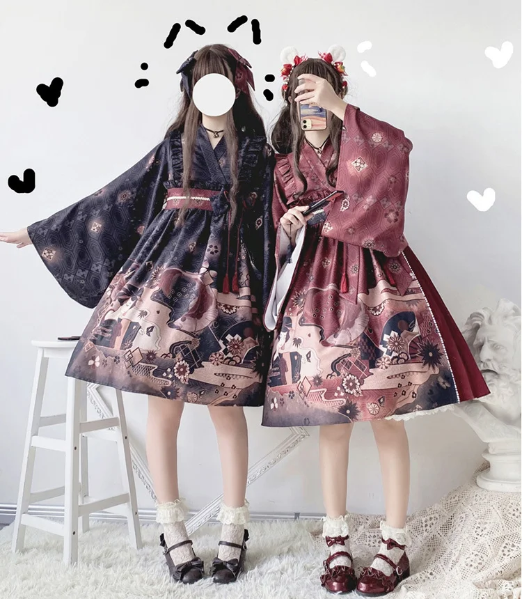 

Sakurai Hime Original Design Cute Women's Girls Japan Kimono Style Long Sleeve Lolita OP Dress One Piece