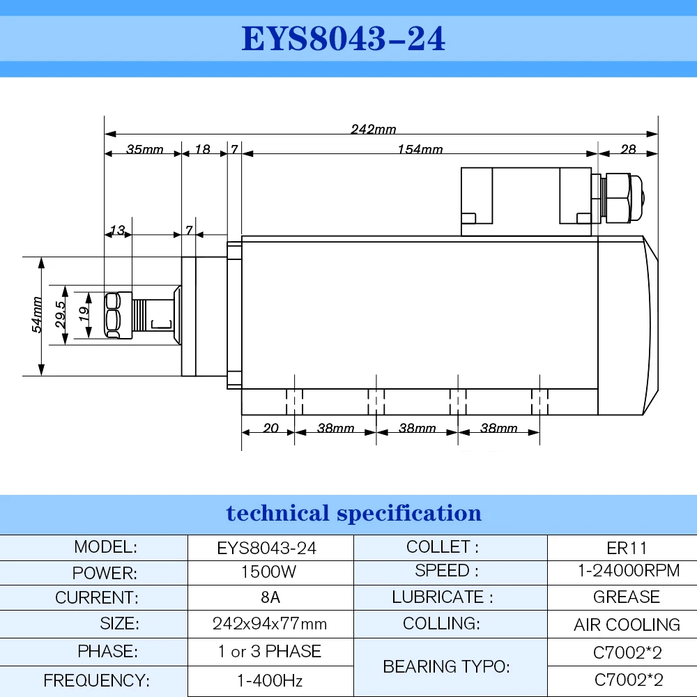 CNC milling machine spindle 1500w 1.5kw 24000RPM ER11 air cooling spindle motor & RP white VFD & & 7 pcs ER11 collets1-7mm
CNC milling machine spindle 1500w 1.5kw 24000RPM ER11 air cooling spindle motor & RP white VFD & & 7 pcs ER11 collets1-7mm