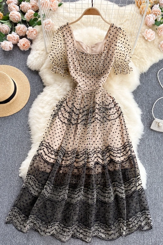 Sweet Dot Mesh Fairy Dress Gentle Women's High-Grade Embroidered Wavy Mid-Length Dress