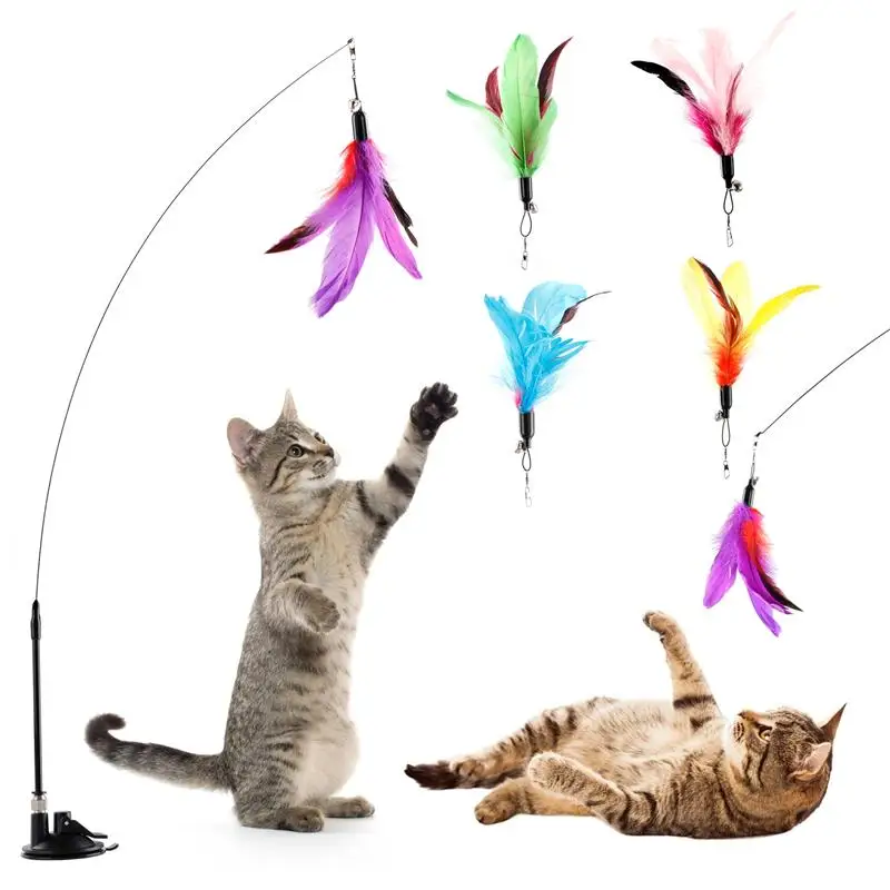 

Funny Cat Feather Wand Suction Cup Toy Interactive Kitten Teasing Playing Toy With Colorful Fake Feather Replacement Refills