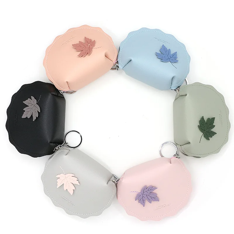 Cute Lovely Coins Purse for Women Maple Leaf Embroidery Design Shell Shape PU Wallet Keychain Bag Zipper Femme Sac | Багаж и сумки