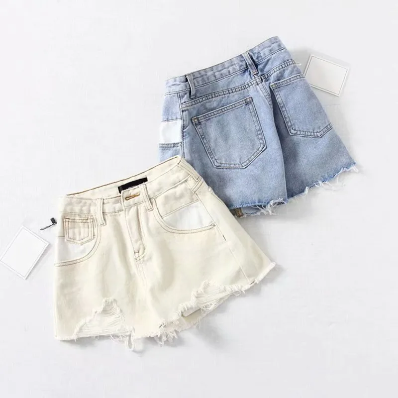 

YICIYA Shorts Women Ripped Denim Shorts Sexy Patchwork Blue White High Waisted Straight Short Jeans,met,pants,jean femme