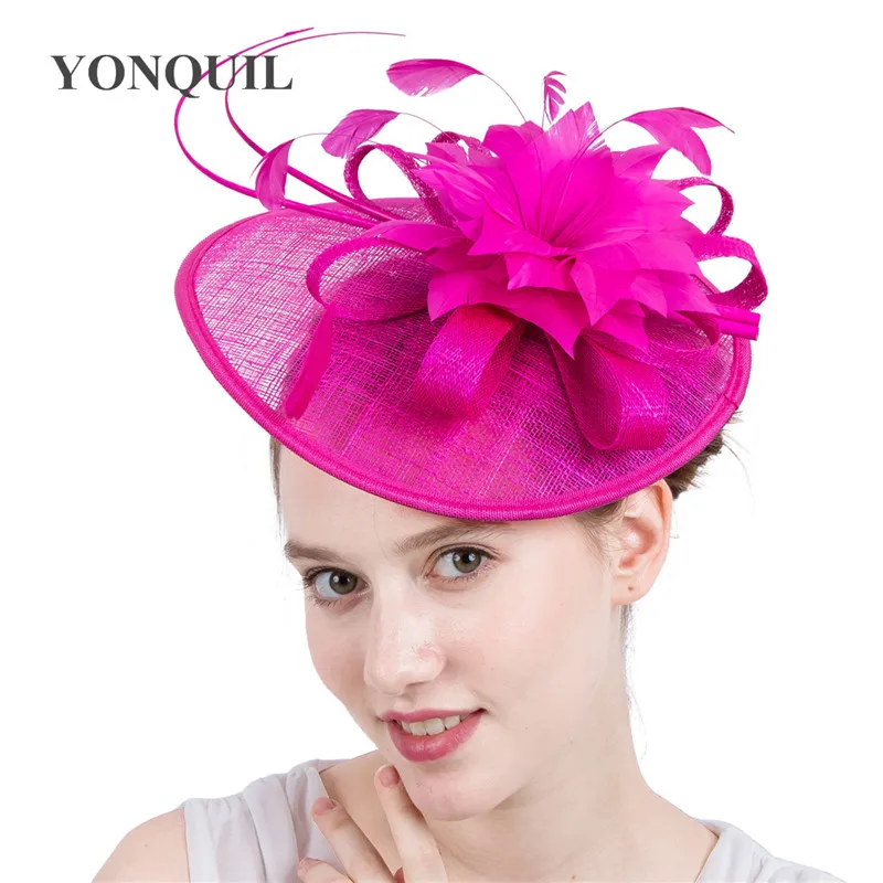 

Pretty Hot Pink Hair Fascinators Hats For Lady Elegant Church Kentucky Derby Sinamay Fancy Feather Flower Hat Hairband Millinery