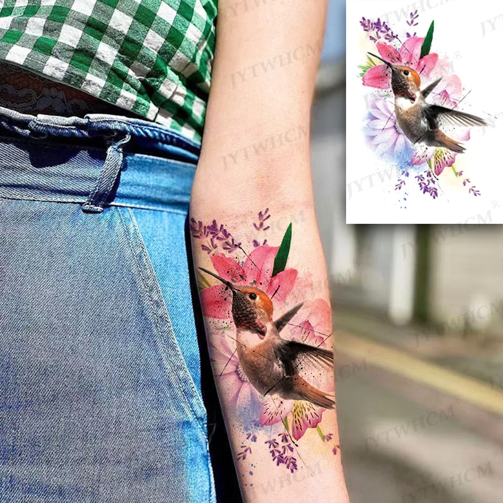 

Flying Bird Temporary Stickers Flower Branch Waterproof Cute Chest Watercolor Fake Tattoo Women Body Arm Art Tattoos Men Women