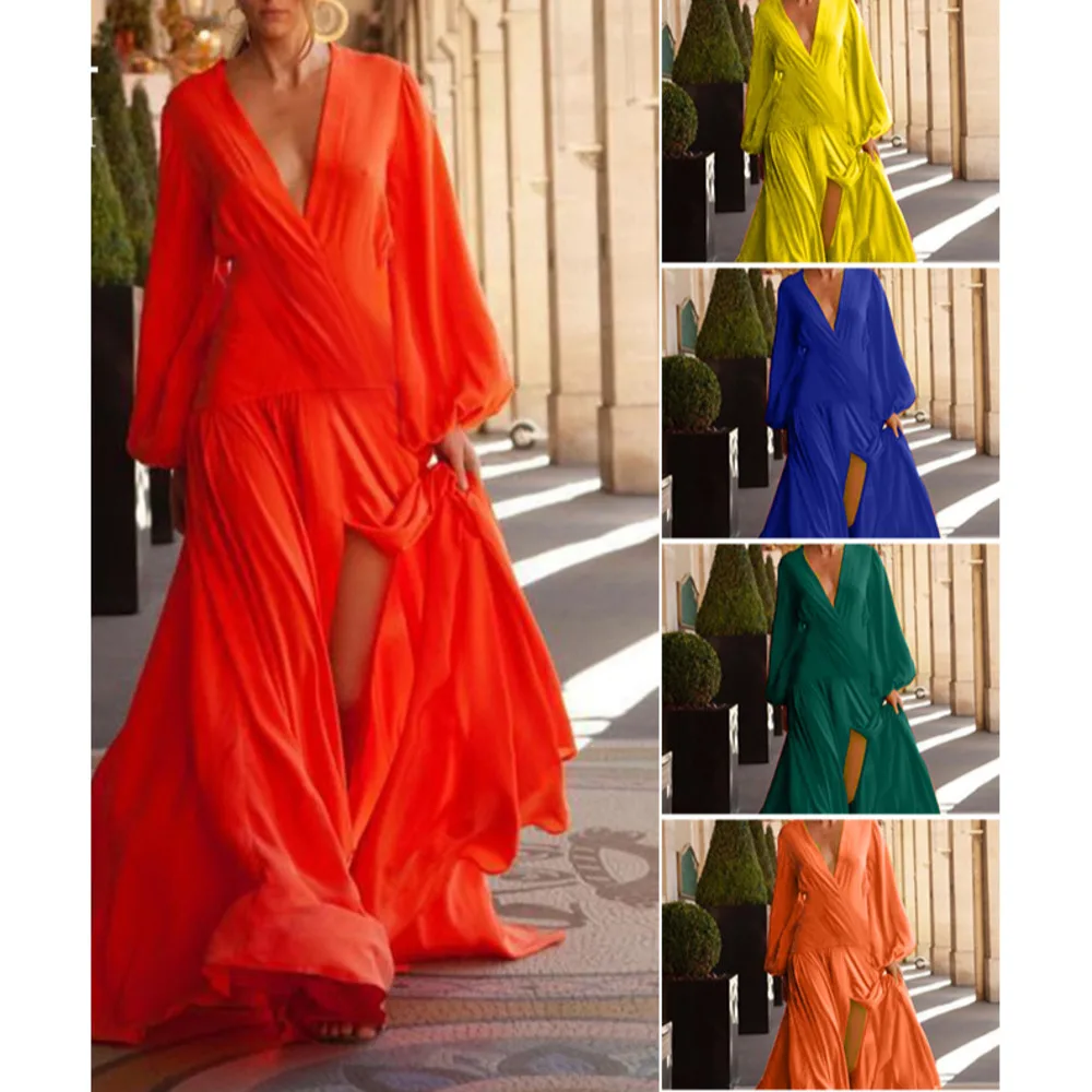 Women's Fall 2021 Deep V-neck Solid Color Long Sleeve Split Temperament Fashion Sexy Loose Long Sleeve Dress Women Floor Dress
Women's Fall 2021 Deep V-neck Solid Color Long Sleeve Split Temperament Fashion Sexy Loose Long Sleeve Dress Women Floor Dress