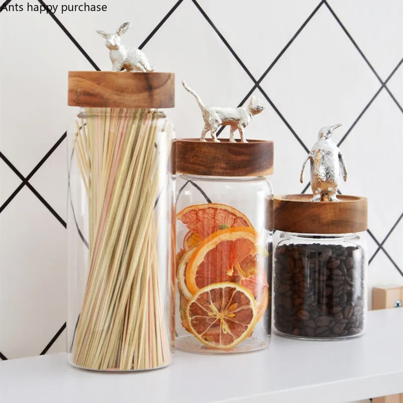 Nordic Glass Jar Heat-resistant Honey Lemon Milk Bottle with Wooden Cover Animal Sealed Storage Tank Kitchen Food | Дом и сад