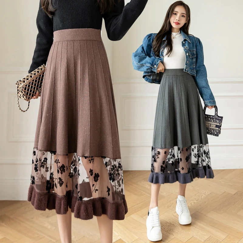 Женская трикотажная юбка, облегающая трапециевидная юбка средней длины с высокой талией и кружевом, в Корейском стиле, Осень-зима 2021 
Женская трикотажная юбка, облегающая трапециевидная юбка средней длины с высокой талией и кружевом, в Корейском стиле, Осень-зима 2021