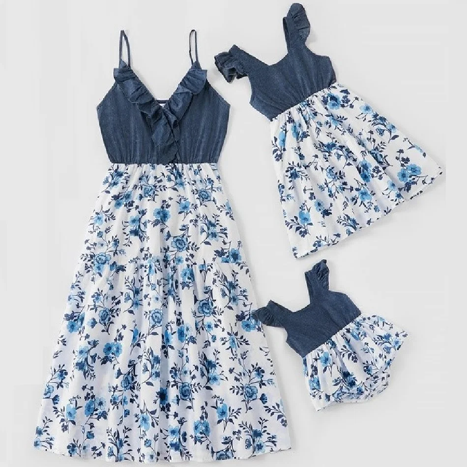 Mommy and Me Family Clothes Baby Rompers Family Matching Outfits Denim Blue Flower Print Ruffles Short Sleeve Cotton Shirt Dress
Mommy and Me Family Clothes Baby Rompers Family Matching Outfits Denim Blue Flower Print Ruffles Short Sleeve Cotton Shirt Dress