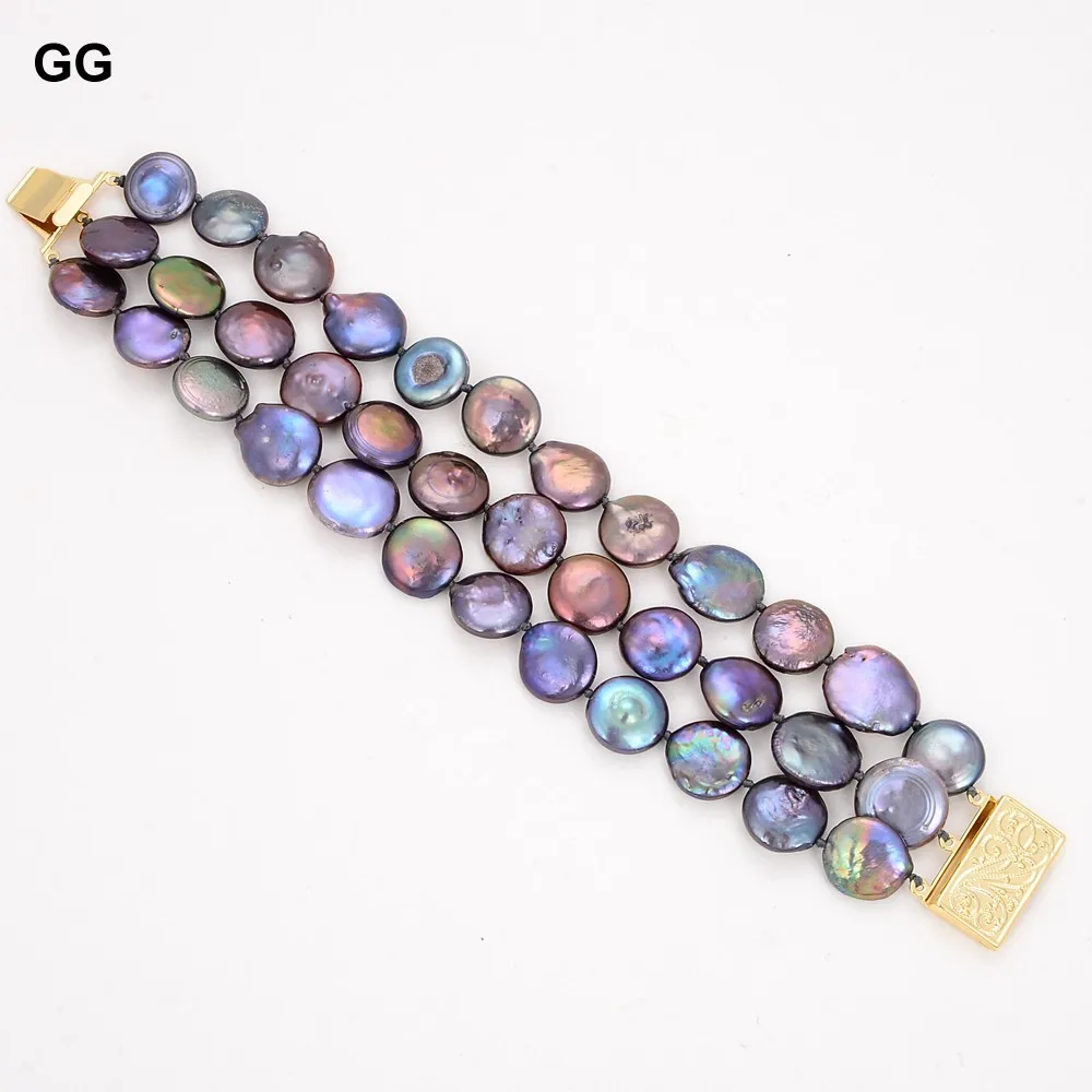 3strands 13mm Natural Black Coin Pearl Bracelet For Women | Украшения и аксессуары