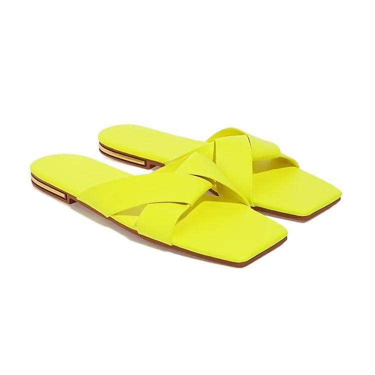 Shoes Big Size Woman's Slippers Slides Fashion Beige Heeled Sandals Low Square heel 2021 Summer Soft Luxury Black Block PU Fabri