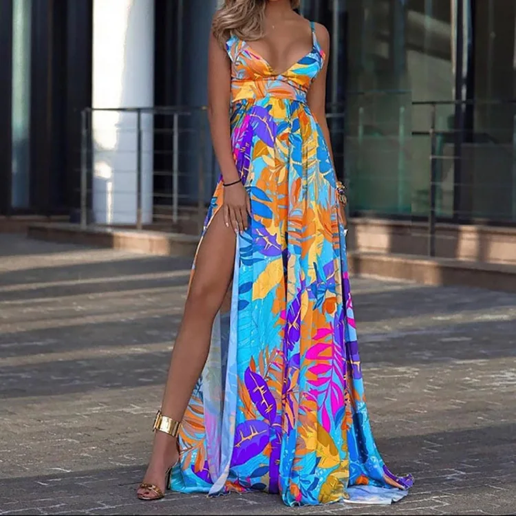 Women Multicolor V-neck Leaf Print Long Maxi Dress Summer Boho Beach Casual Sling Sleeveless Sexy Spaghetti Strap Split Dress
Women Multicolor V-neck Leaf Print Long Maxi Dress Summer Boho Beach Casual Sling Sleeveless Sexy Spaghetti Strap Split Dress