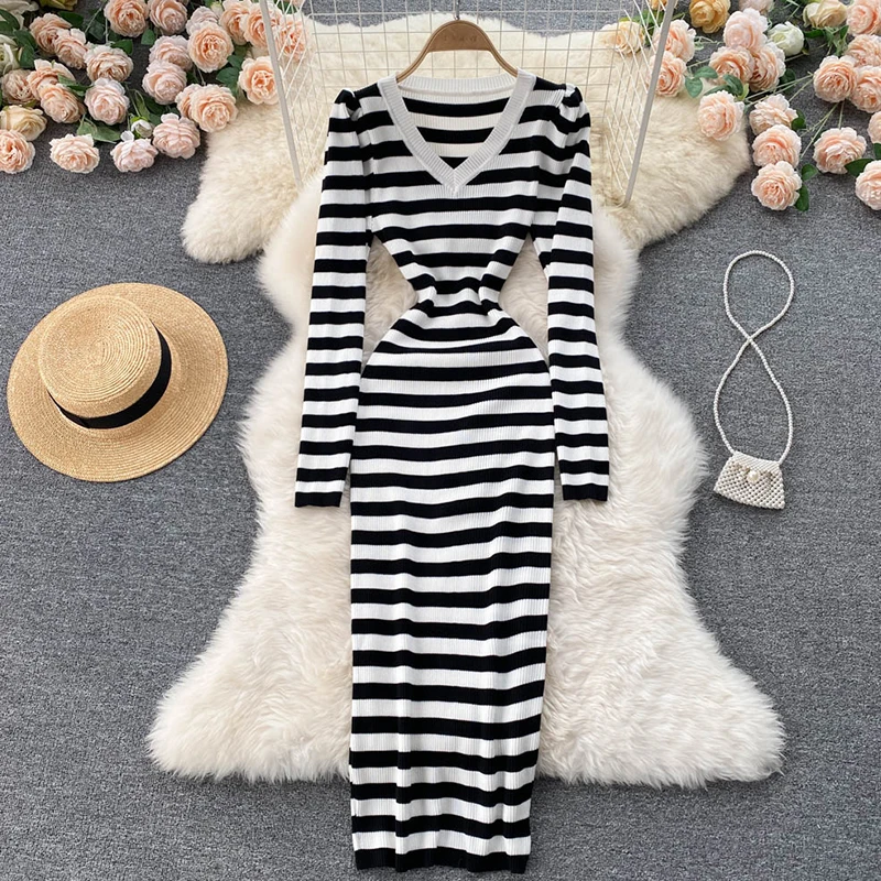 Knitting Stripped Maxi Dresses Women Sexy Long Sleeve Slim Elastic Bodycon Robe V-Neck Midi Harajuku Pullover Fashion Vestidos
Knitting Stripped Maxi Dresses Women Sexy Long Sleeve Slim Elastic Bodycon Robe V-Neck Midi Harajuku Pullover Fashion Vestidos