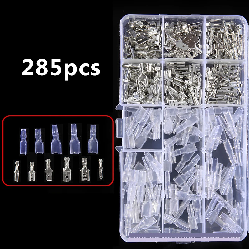 

285pcs Cold Pressed Terminal Set Box Splice Sheath 2.8/4.8/6.3mm Crimp Insulated Seal Electrical Wire Connectors AWG 18-14 22-16