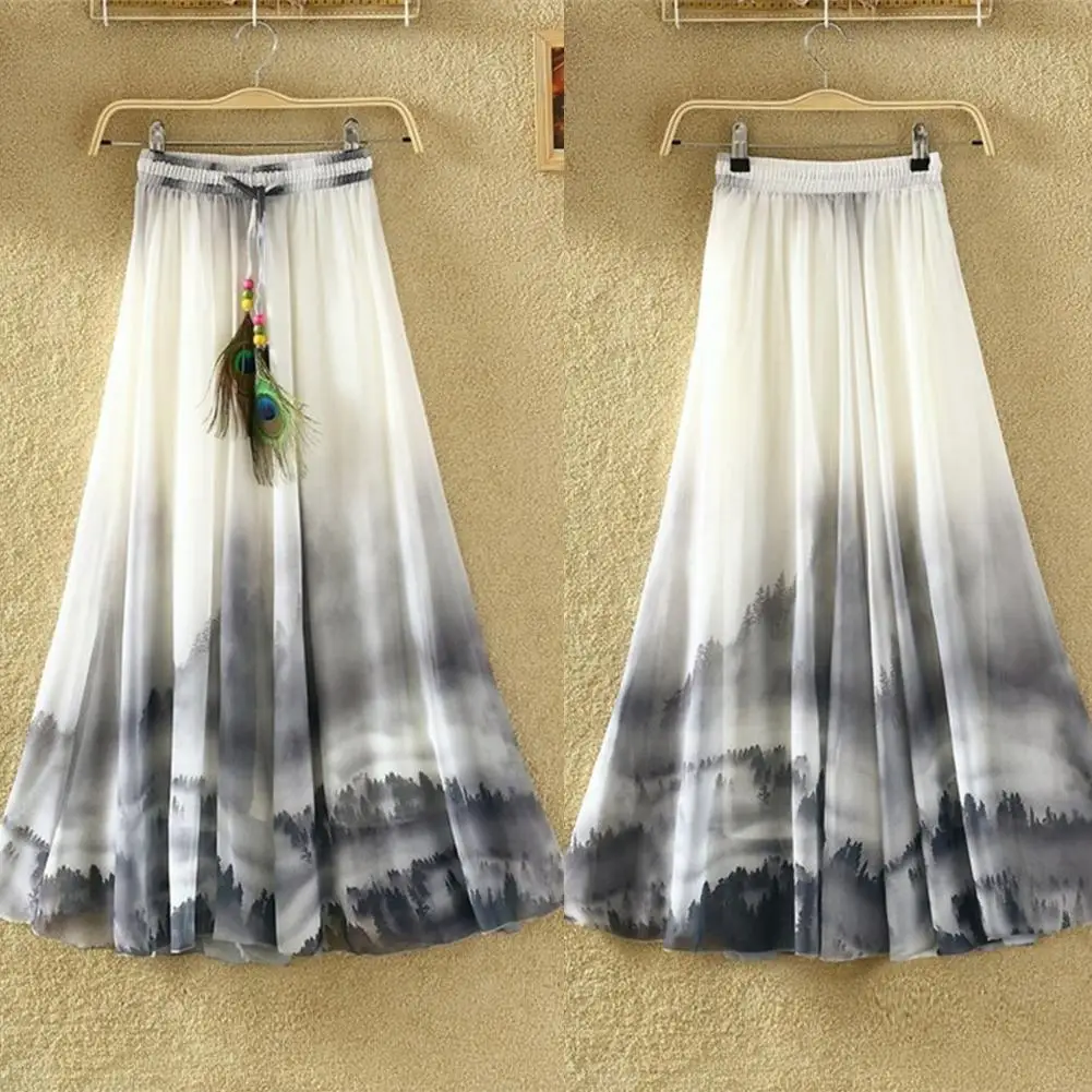 

Длинная юбка в винтажном стиле бохо, летняя пляжная богемная женская шифоновая Макси-юбка на шнуровке с цветочным принтом, свободная элеган...