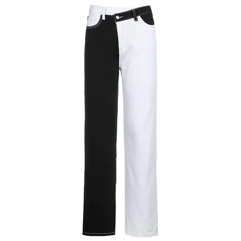 Women Black White Patchwork Jeans Asymmetrical Mid Waist Contrast Color Denim Pants Harajuku Loose Straight Leg Trousers
Women Black White Patchwork Jeans Asymmetrical Mid Waist Contrast Color Denim Pants Harajuku Loose Straight Leg Trousers