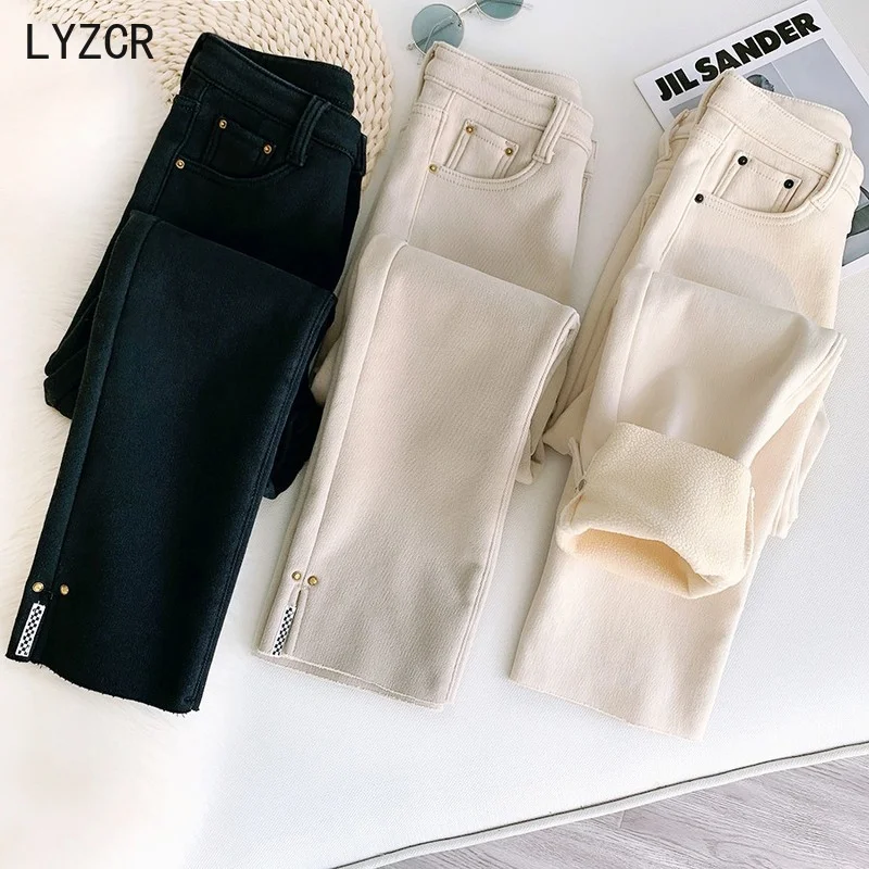 

LYZCR зимние теплые джинсы для женщин, бежевые плотные женские вельветовые джинсы, женские флисовые брюки, узкие Капри, женские джинсовые брюк...