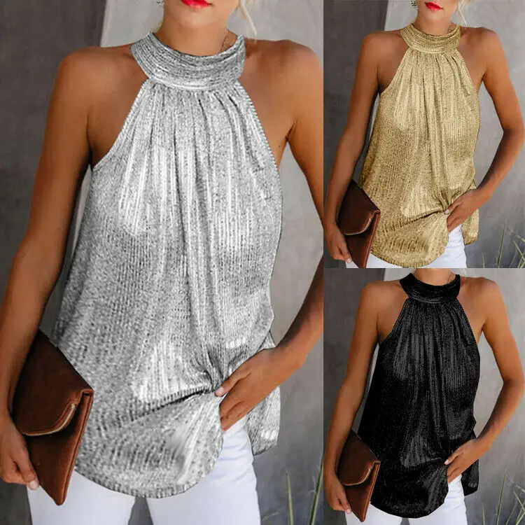 Women's Ladies Summer Top Sleeveless Solid Turtleneck Tie Collar TunicT-Shirt | Женская одежда