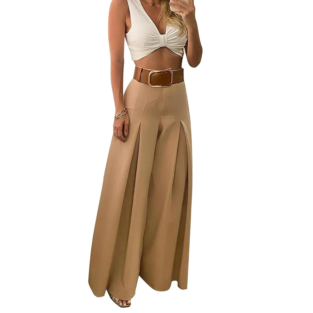 

Women Solid Color High Waist Wide Leg Pants Casual Pleated Fashion Simple Trousers Khaki Loose Ruched Long Pant Without Belt D30