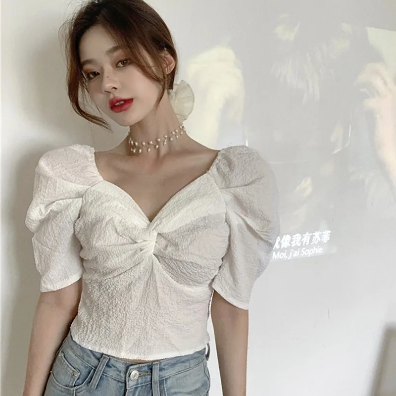 Summer Women Blouse Shirt Fashion V Collar Puff Short Sleeve Slim Short Tee Casual Solid Color Ladies Blouse Top
Summer Women Blouse Shirt Fashion V Collar Puff Short Sleeve Slim Short Tee Casual Solid Color Ladies Blouse Top