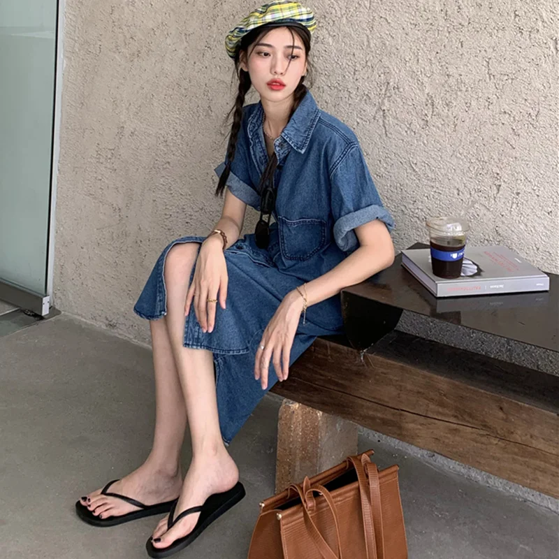 Long Denim Shirt Dress Women Summer Korean Fashion Turn-down Collar Short Sleeve Button Up Jeans Dresses Midi Robe Longue 
Long Denim Shirt Dress Women Summer Korean Fashion Turn-down Collar Short Sleeve Button Up Jeans Dresses Midi Robe Longue