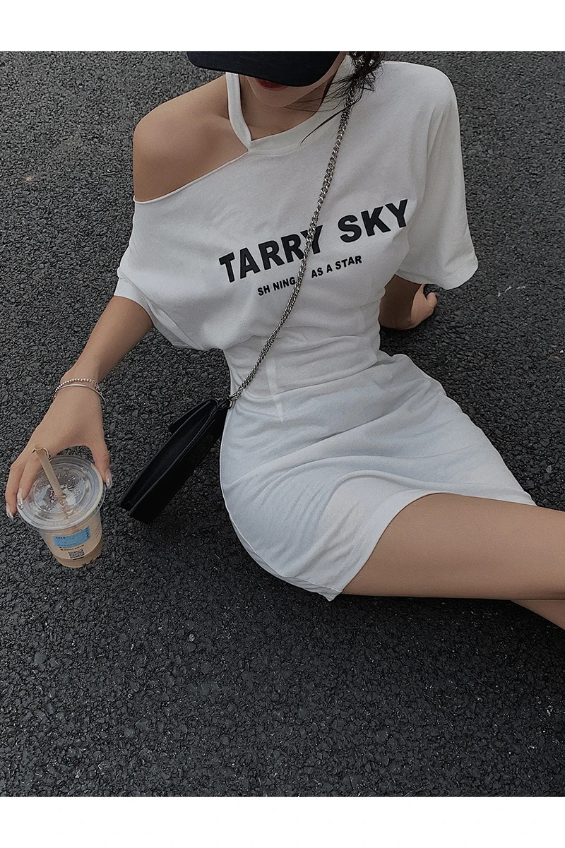 Letter Off Shoulder White Short Dress for Women Waist Slimming Hip Dress Female Short Sleeve A Line Pure Color T Shirt Dress 
Letter Off Shoulder White Short Dress for Women Waist Slimming Hip Dress Female Short Sleeve A Line Pure Color T Shirt Dress