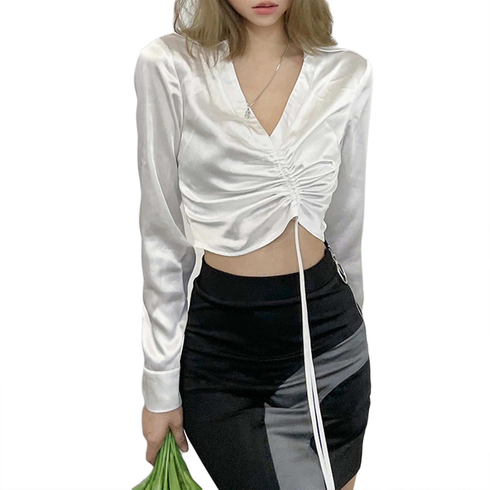 Women Summer Crop Tops, Solid Color Drawstring V-Neck Long Sleeve Hollow-Back Strappy Camisole for Girls, White
Women Summer Crop Tops, Solid Color Drawstring V-Neck Long Sleeve Hollow-Back Strappy Camisole for Girls, White