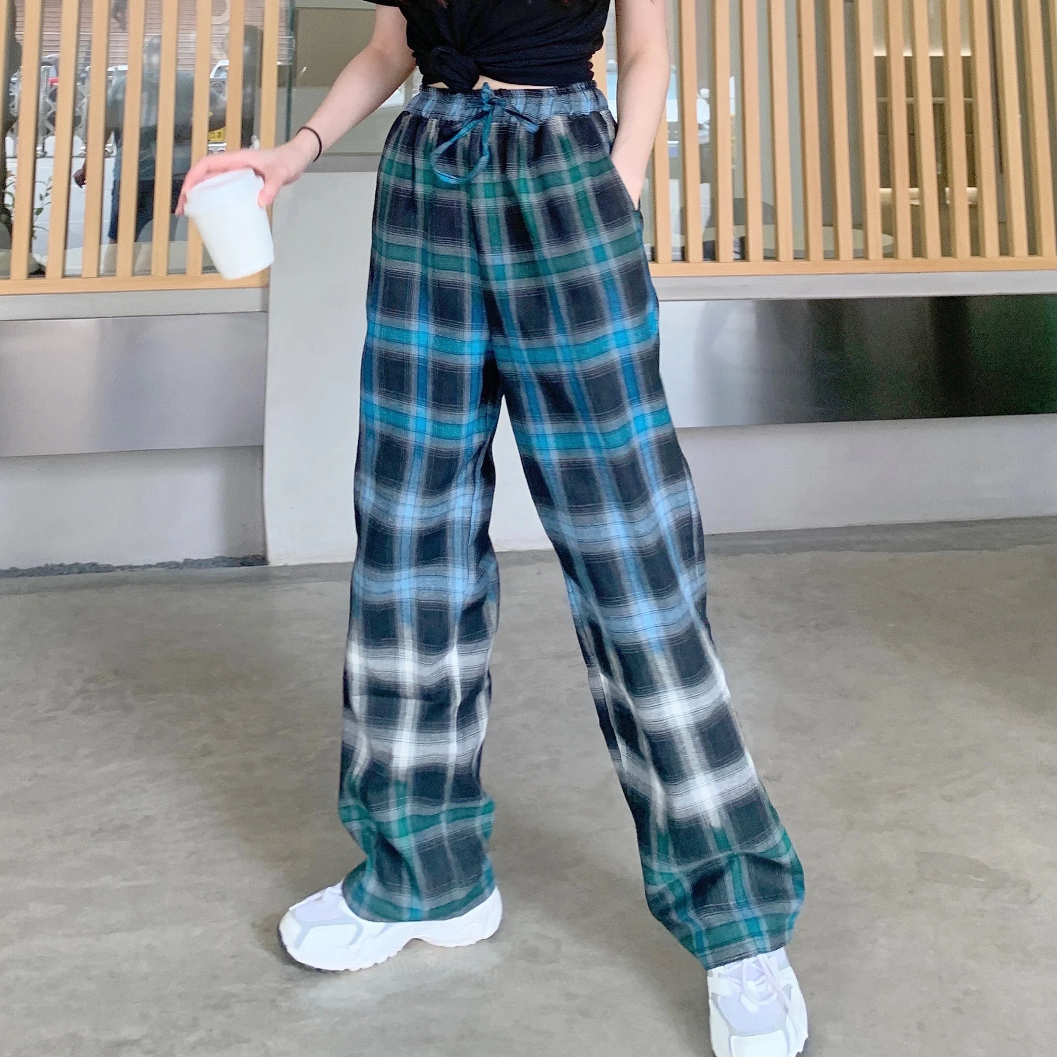 

Korean Plaid Casual Pants Personality Versatile High Waist Straight Tube Wide Leg Pants Spodnie Dresowe Damskie Trousers Women