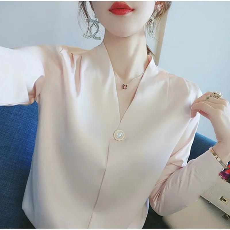

Женская блузка из сатина с уксусной кислотой, V-образным вырезом, новинка весны 2021, стильная женская блузка, модная Темпераментная Женская рубашка с длинным рукавом, тонкая W24