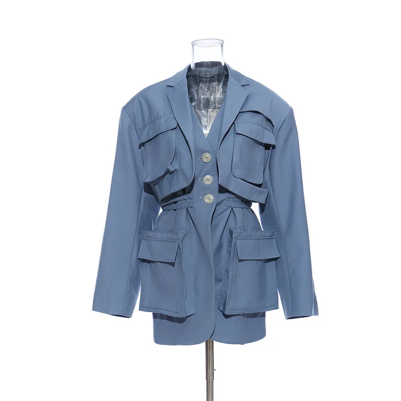 Women Blue Big Pockets Loose Mid-length Trench Coat Irregular Single-breasted Lapel Long Sleeve Windbreaker Fashion Spring 2022
Women Blue Big Pockets Loose Mid-length Trench Coat Irregular Single-breasted Lapel Long Sleeve Windbreaker Fashion Spring 2022