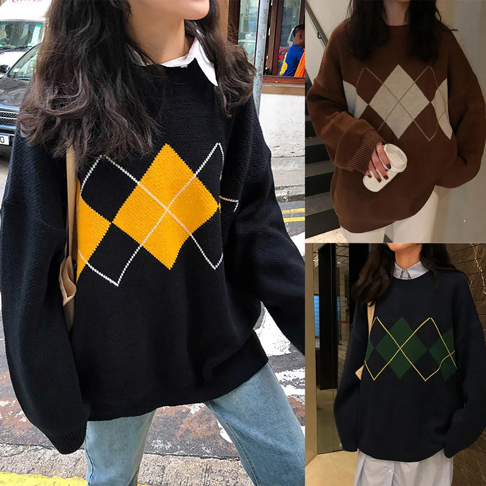 Multicolor Korean Lady sweater Herbst Winter Innenhof Stil Geometrisches Muster Lose Rundhals Strick Pullover женское платье89#Q
Multicolor Korean Lady sweater Herbst Winter Innenhof Stil Geometrisches Muster Lose Rundhals Strick Pullover женское платье89#Q