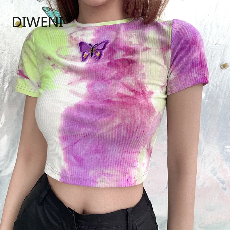 Женская футболка с аппликацией DIWEINI фиолетовая облегающая в стиле K-POP уличная