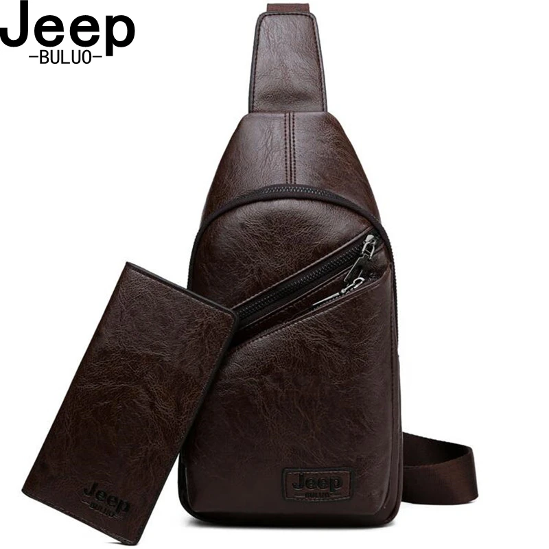 Мужская кожаная слинг сумка jeep buluo черная однолямочная для коротких путешествий