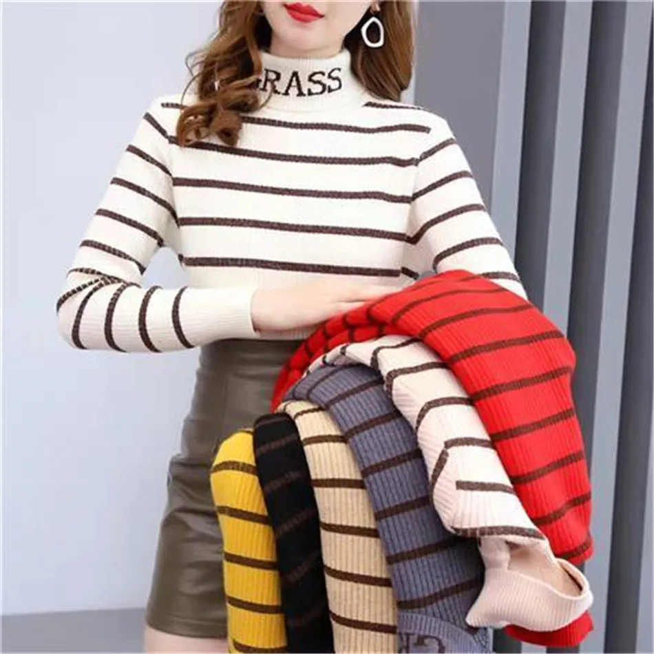 Winter Thicken Plus Velvet Women All-Match Stripe Half High Collar Knitting Pullover Fashion Korean Sweater Warm Top TT0902
Winter Thicken Plus Velvet Women All-Match Stripe Half High Collar Knitting Pullover Fashion Korean Sweater Warm Top TT0902